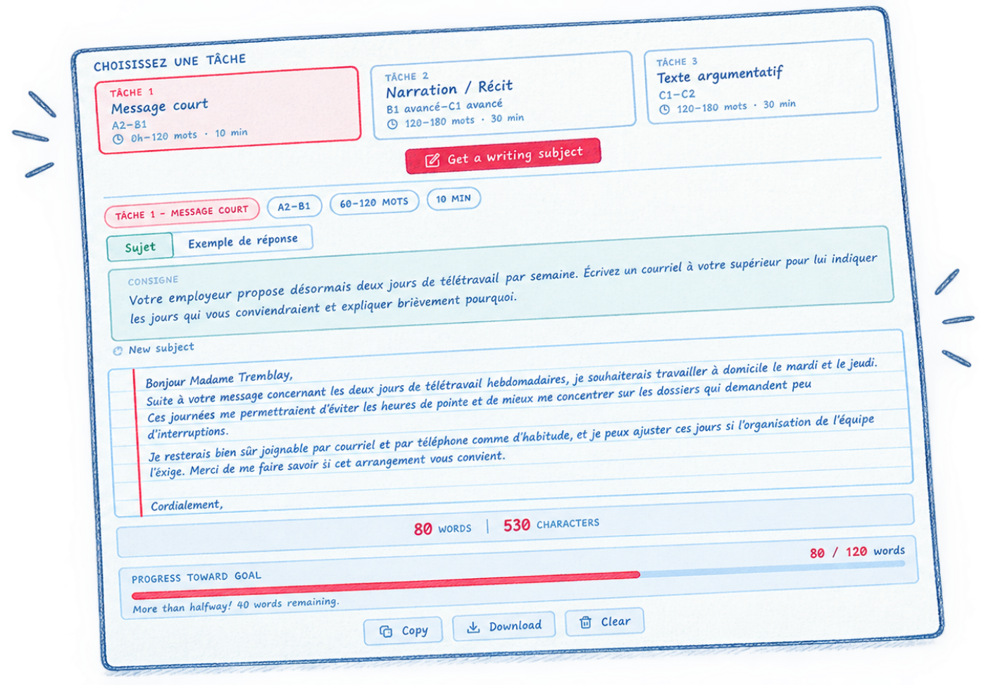 The TCF Canada Writing Practice tool — task selector, a Tâche 1 prompt, and a sample response in the FrenchWrite editor
